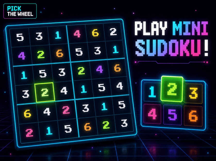 Mini Sudoku game banner: a neon 6 by 6 sudoku grid glowing on black, with a coloured number pad beside it