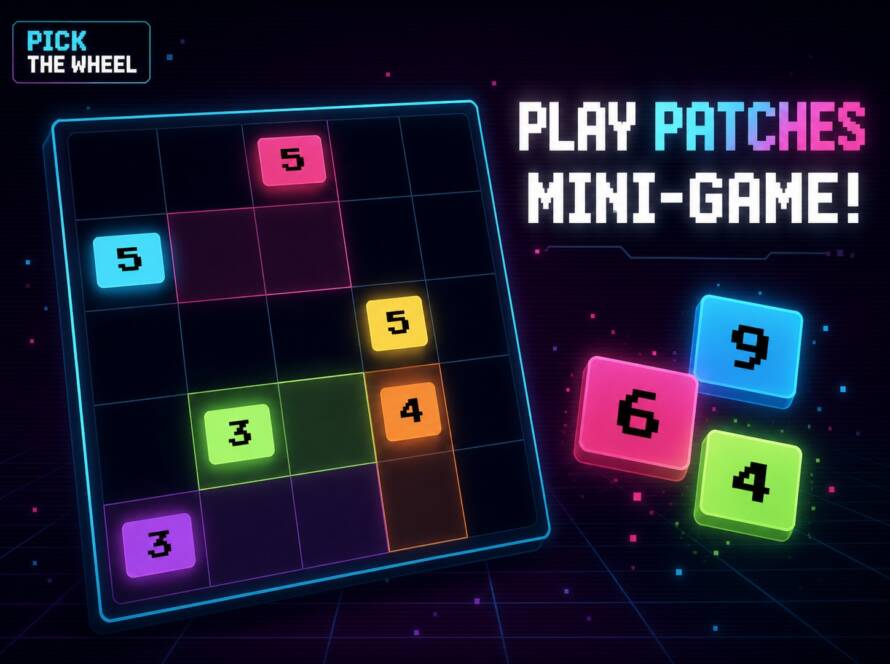 Play Patches mini-game: a neon grid of coloured blocks with numbered markers