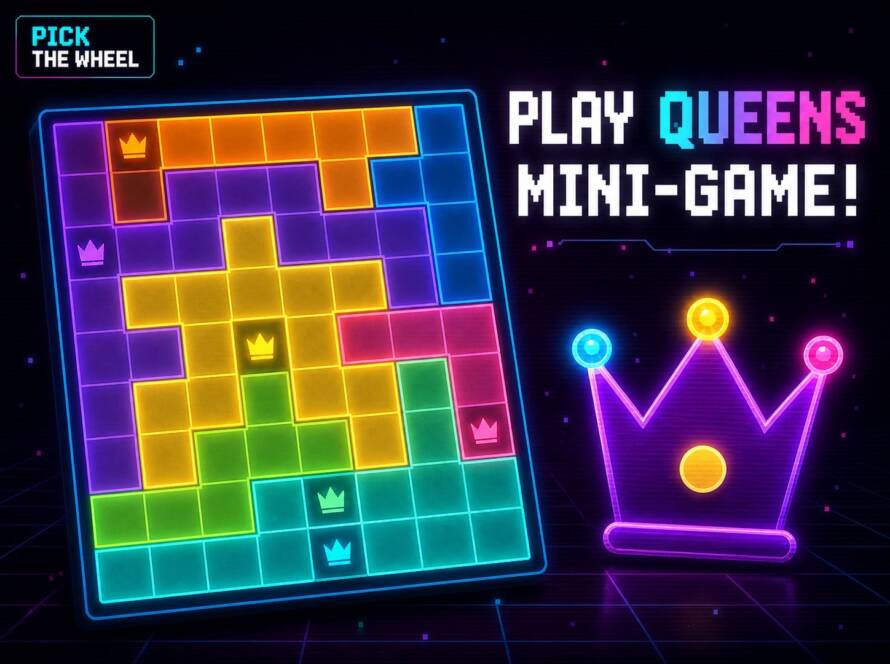 Queens puzzle game banner: a neon grid of colour regions with glowing crowns, one per row and column