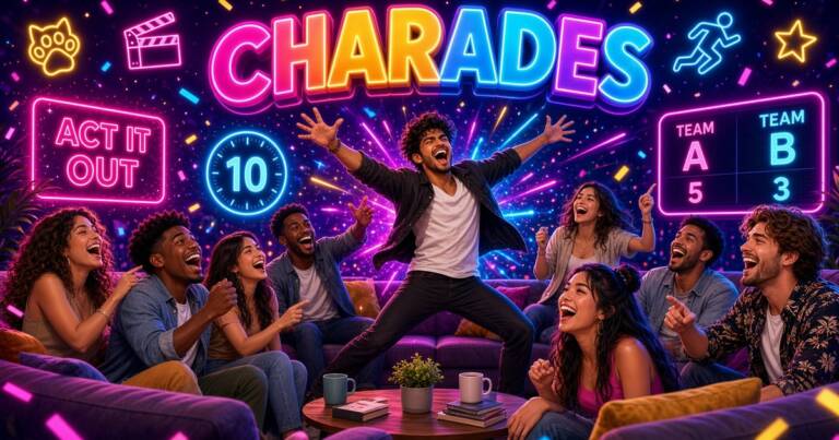 Neon Charades party game banner: friends cheer as one player acts out a word, with an Act It Out word card, round timer and Team A vs Team B scoreboard.