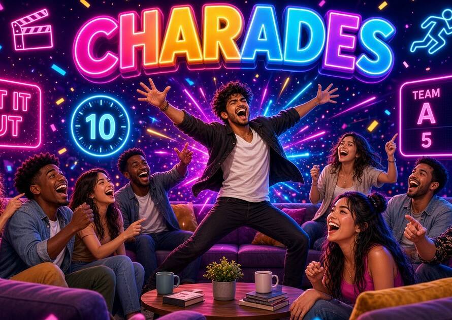 Neon Charades party game banner: friends cheer as one player acts out a word, with an Act It Out word card, round timer and Team A vs Team B scoreboard.