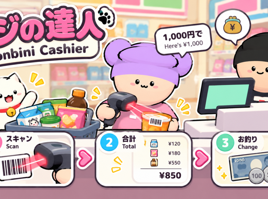 Konbini Cashier — レジの達人: scan items, total the bill, and count back change in yen.