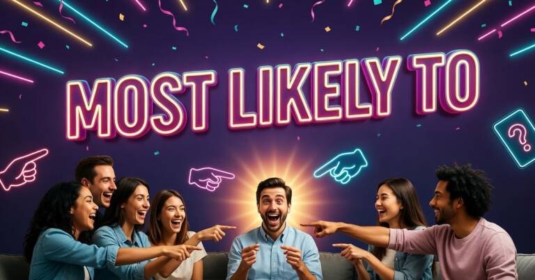 Neon Most Likely To party game banner: laughing friends all point at one surprised friend in a glowing spotlight, with neon pointing hands and a question card.