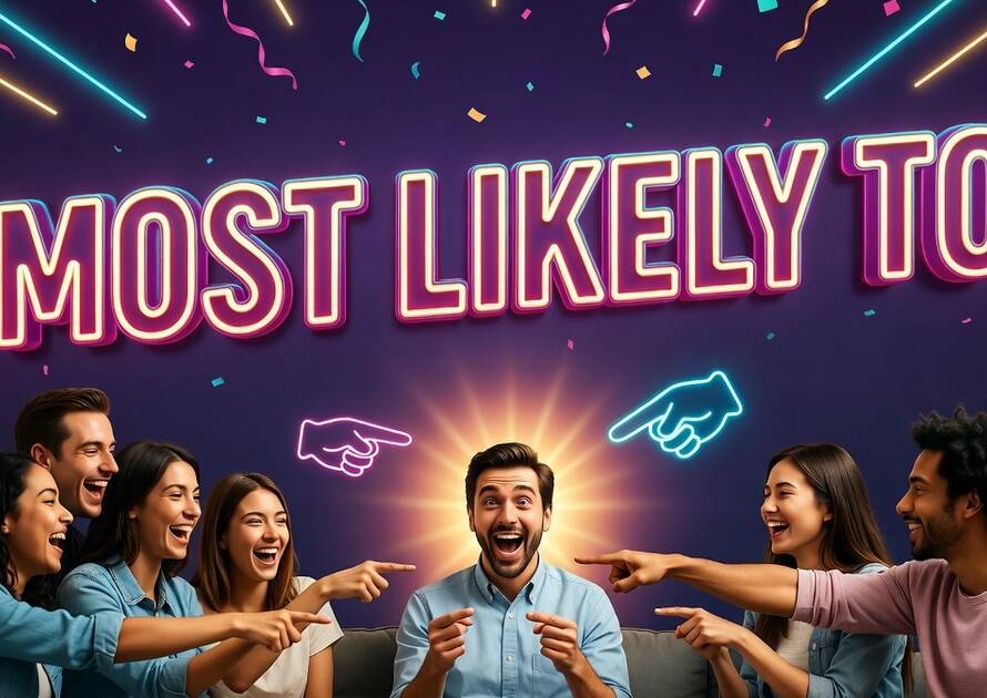 Neon Most Likely To party game banner: laughing friends all point at one surprised friend in a glowing spotlight, with neon pointing hands and a question card.
