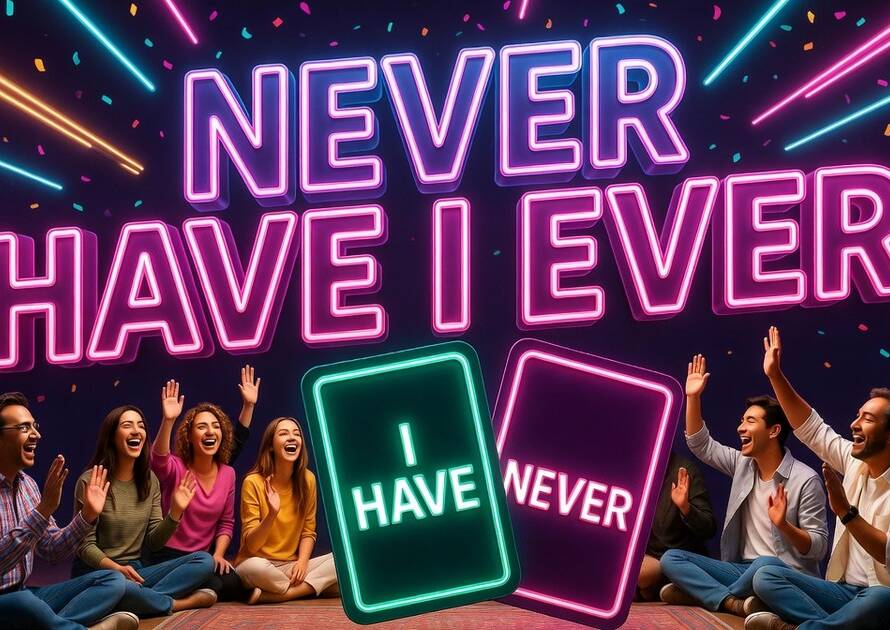Neon Never Have I Ever party game banner: friends sitting in a circle raise their hands and laugh beside glowing I Have and Never cards.