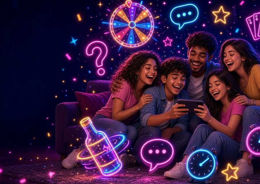 Friends laughing around one phone at a neon-lit game night, surrounded by glowing party game icons: a prize wheel, spinning bottle, cards and timers.
