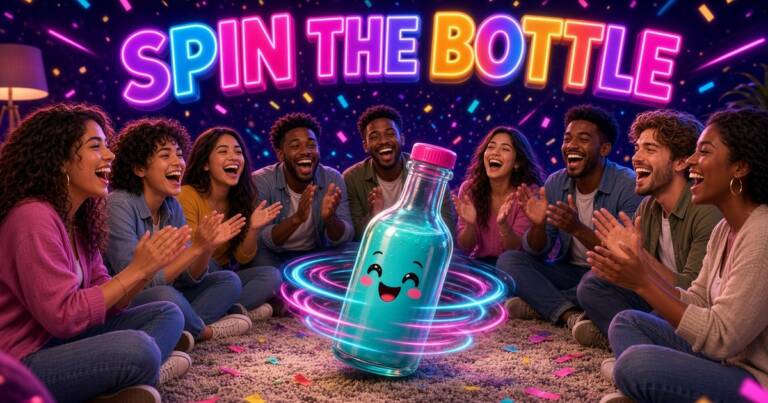 Neon Spin the Bottle party game banner: a group of friends laugh and clap in a circle around a cute cartoon bottle spinning in the middle.