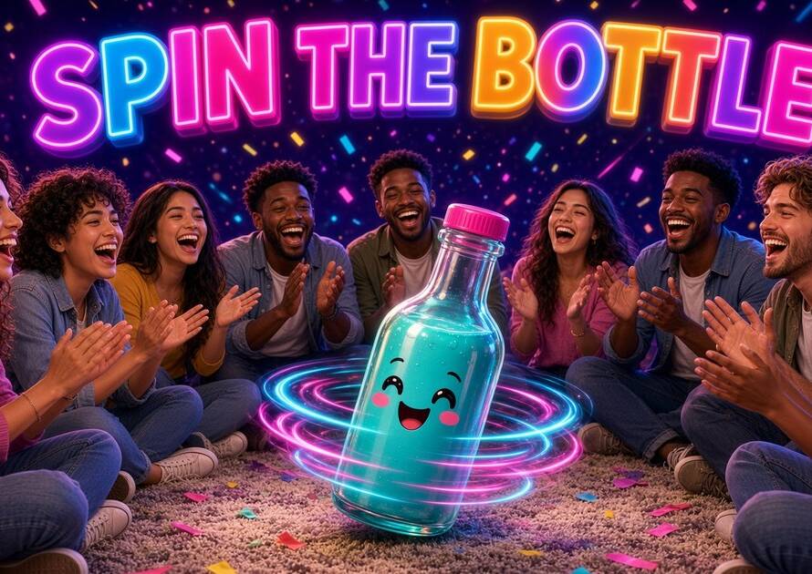 Neon Spin the Bottle party game banner: a group of friends laugh and clap in a circle around a cute cartoon bottle spinning in the middle.