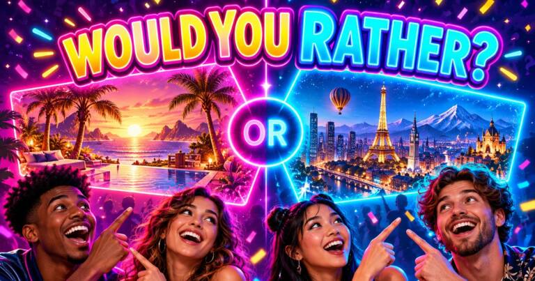 Would You Rather? party game banner: a glowing neon OR badge splits a tropical beach sunset from a night city with the Eiffel Tower, while four laughing friends point at each choice.