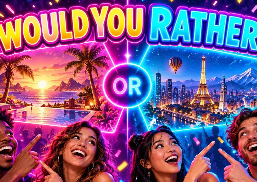 Would You Rather? party game banner: a glowing neon OR badge splits a tropical beach sunset from a night city with the Eiffel Tower, while four laughing friends point at each choice.